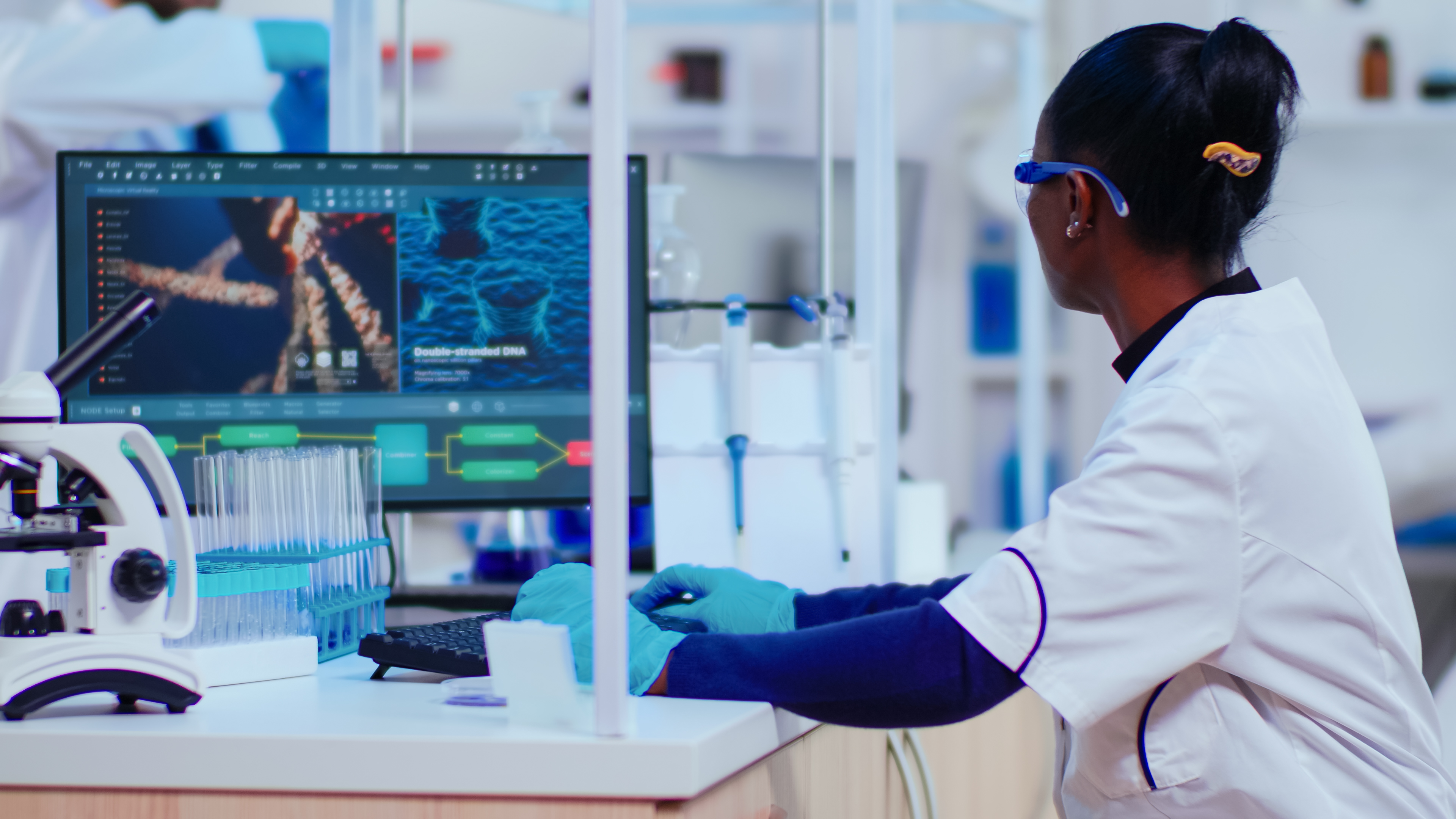 African Woman Biochemist Researcher Working in Modern Laboratory